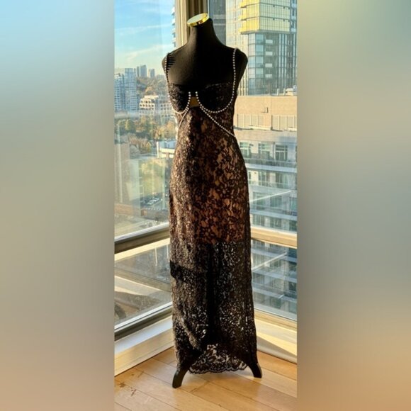 🆕 SELF-PORTRAIT 🧿 NWOT Crystal Trimmed Black Fine Lace Maxi Dress, Sz US4 UK8 - Picture 10 of 15